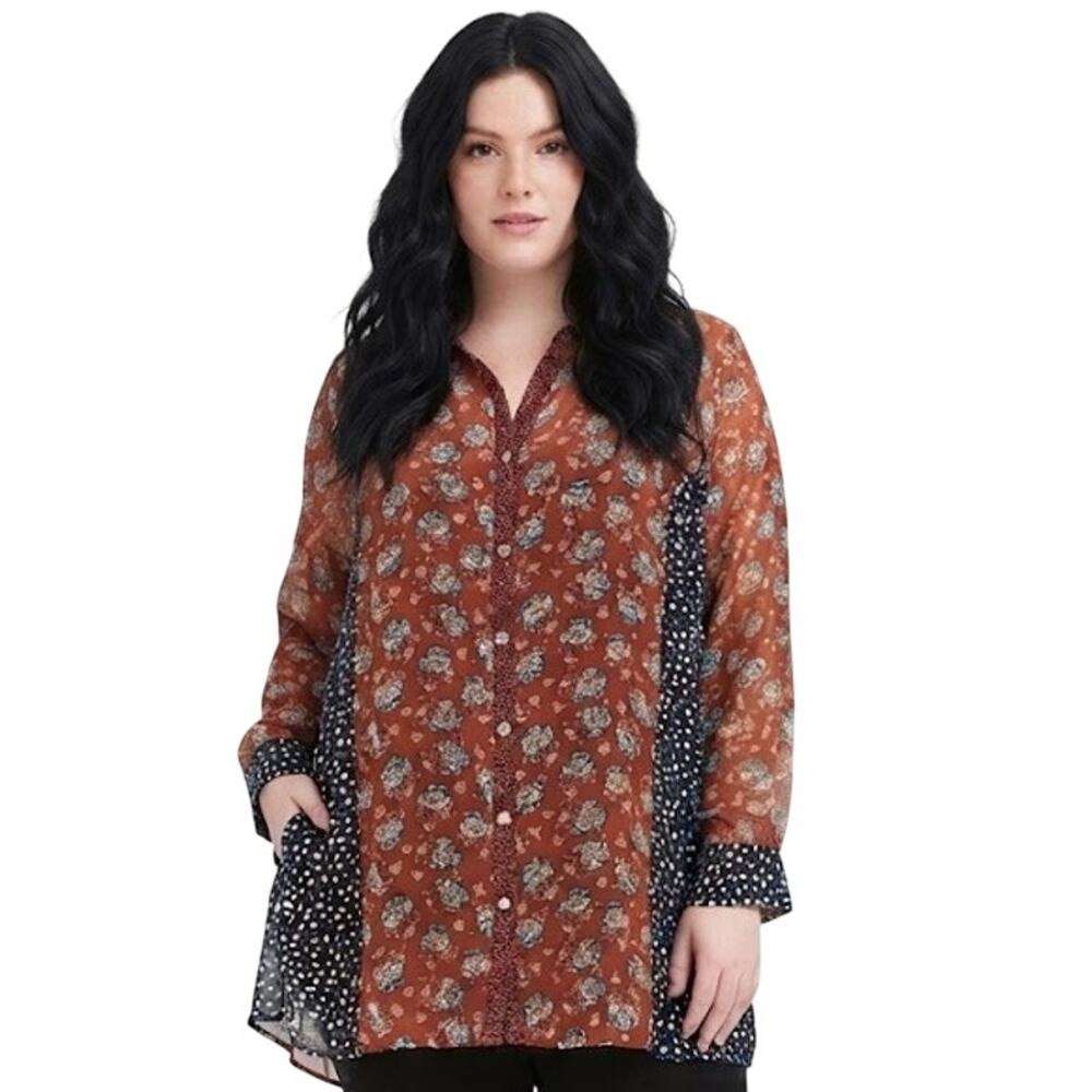 DR2 Patchwork Boho Floral Tunic Shirt Button UP Long Sleeves Plus Size 3X